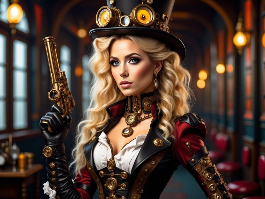 Steampunk Noblewoman with Elegant Revolver in Victorian Mans...