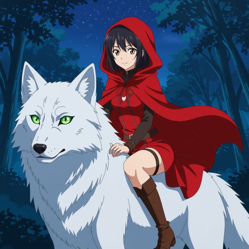 Red Riding Hood with Wolf in Forest at Night
