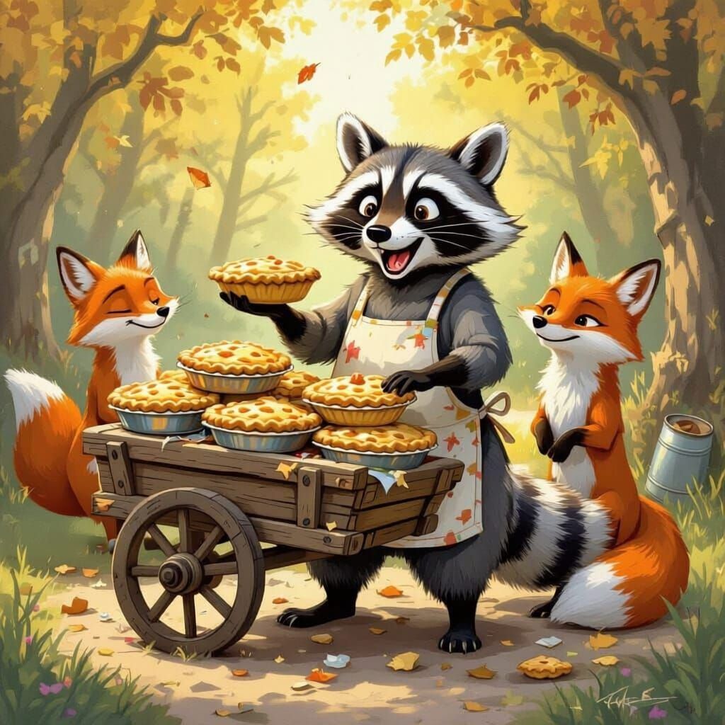 Raccoon Sells Garbage Pies to Foxes in Storybook Style