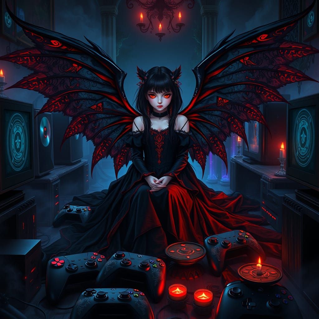 Gothic Gaming Angel in Cyberpunk Lair