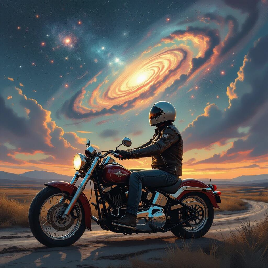 Motorcycle Rider Gazing at Nebulae in Post-War Landscape