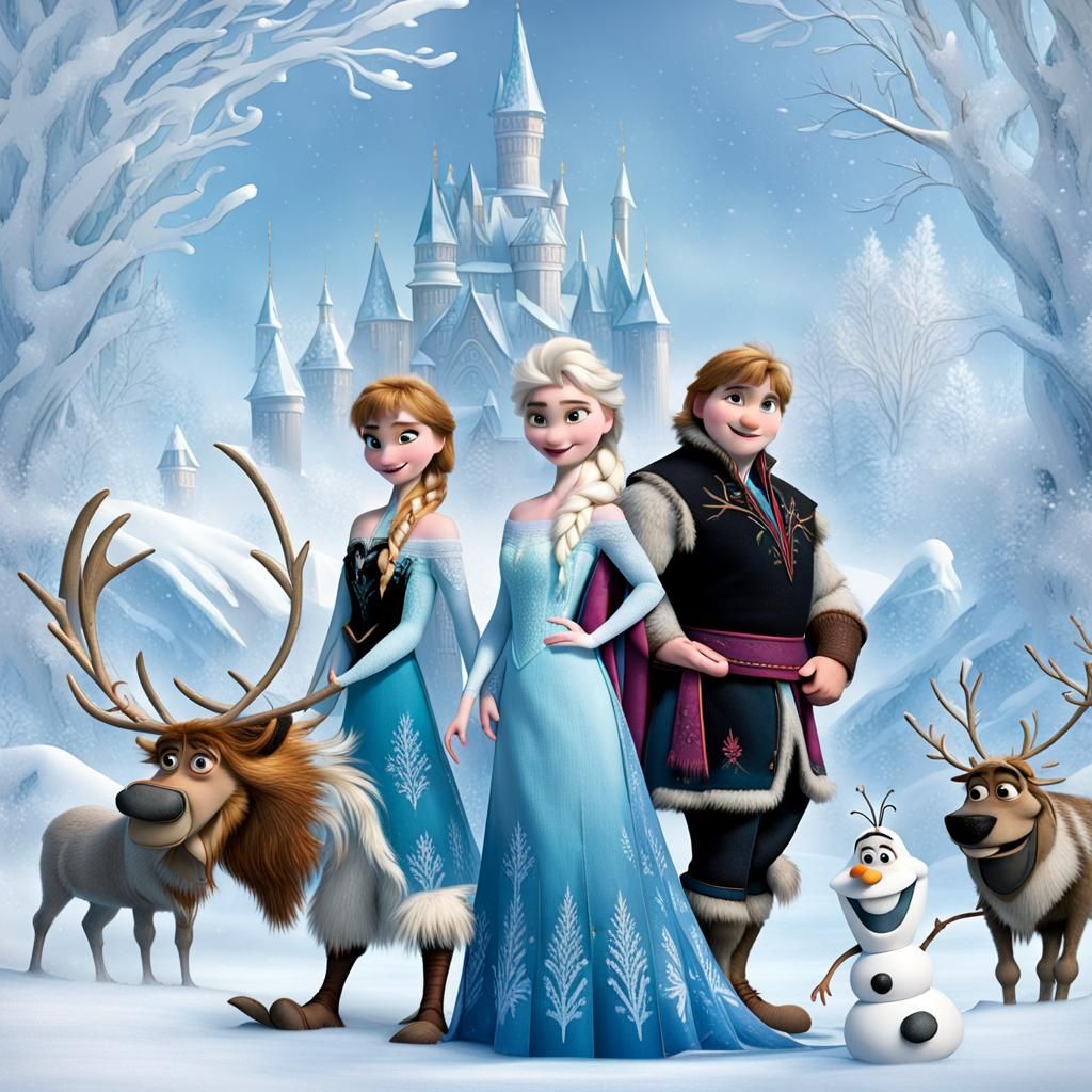 Disney Movie ((Frozen)) characters place into a Scene in  Winter with soft Blue & White