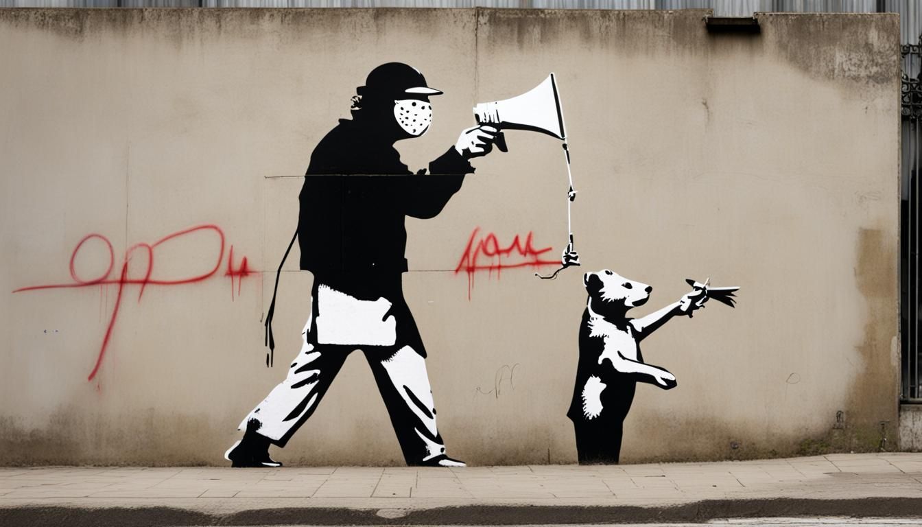 Banksy-Style: Man with Megaphone and Bear