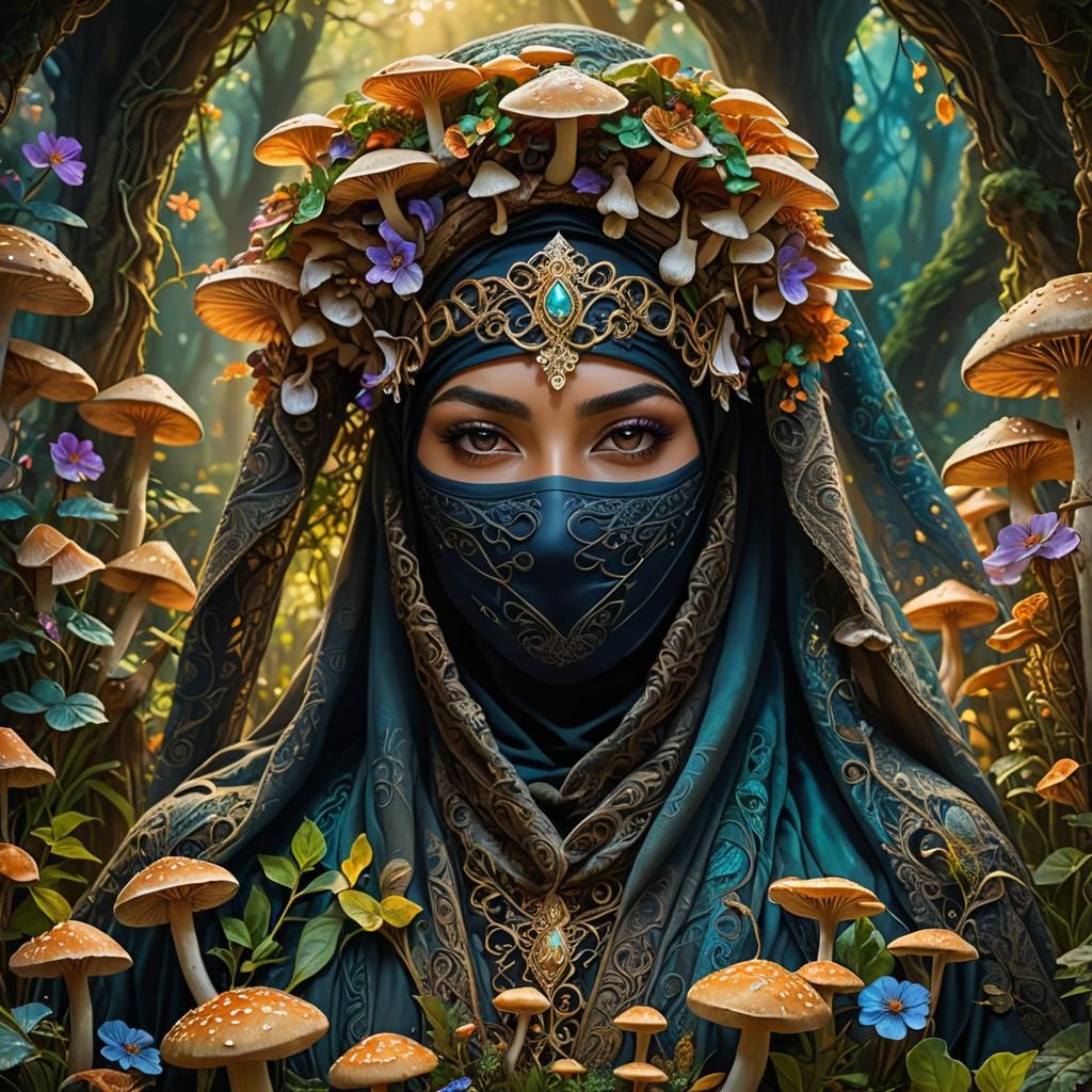 Mystic Garden: Young Woman in Niqab with Mushrooms