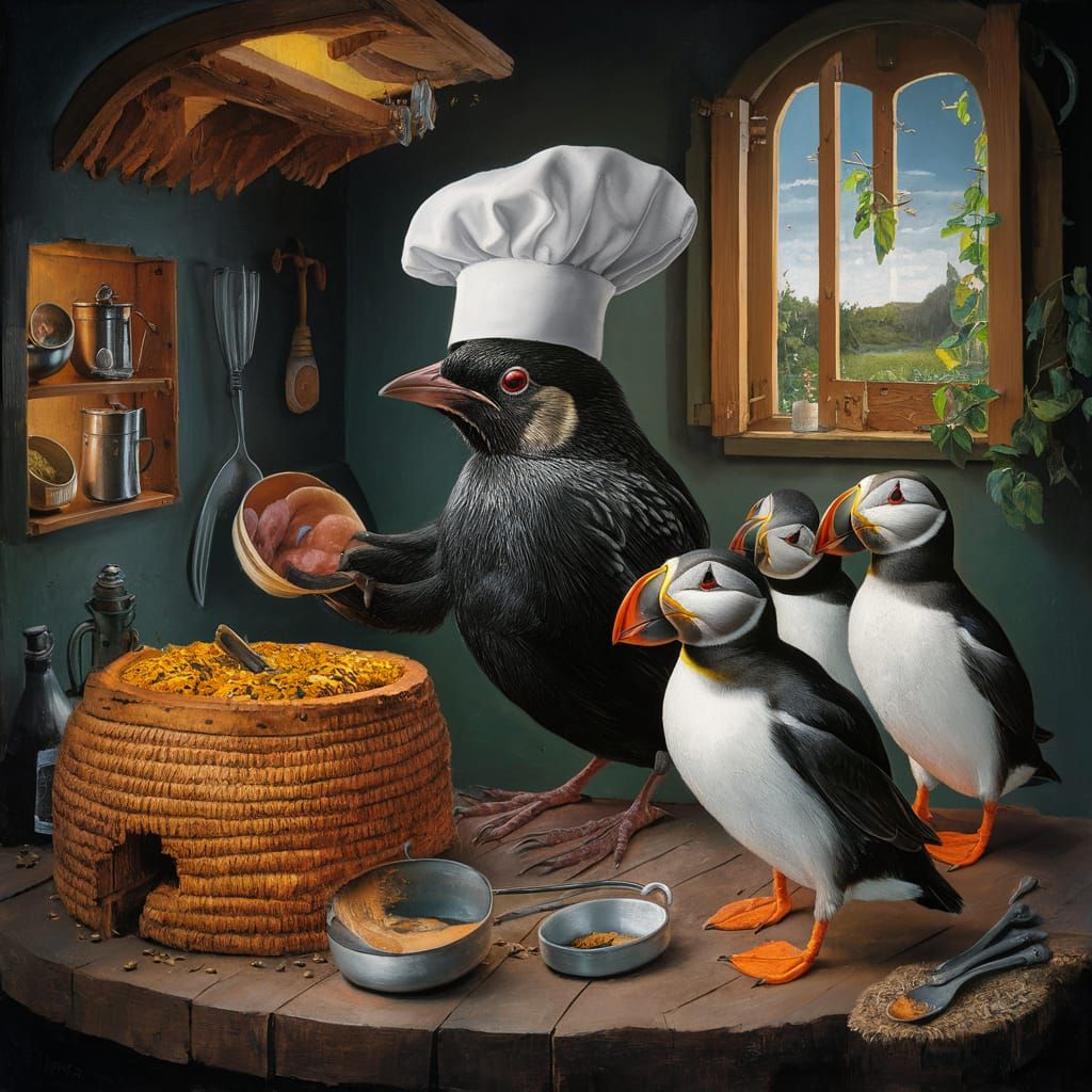 Starling Chef in Beehive Kitchen: Dürer-Style Surrealism