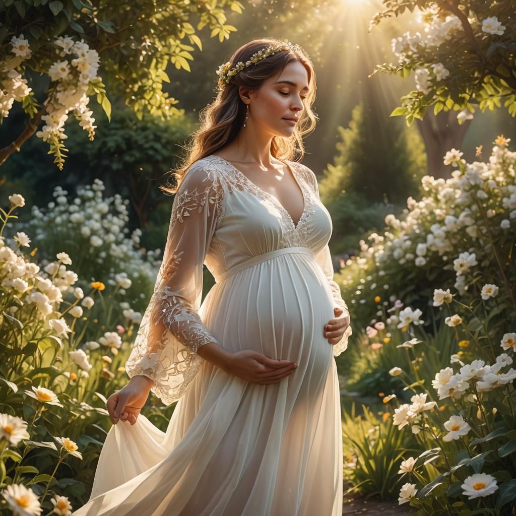 Radiant Pregnant Woman in Sun-Drenched Garden