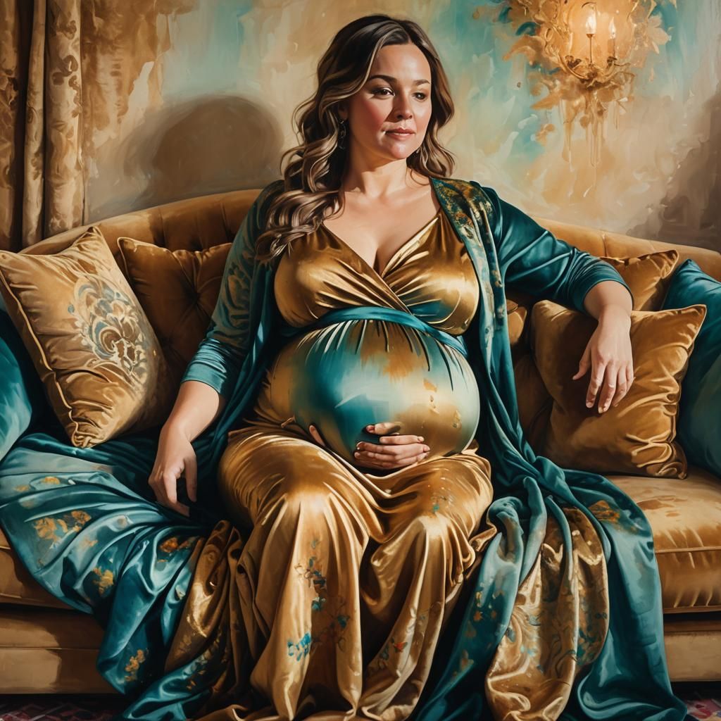 Pregnant Woman in Golden Light: Oil Painting