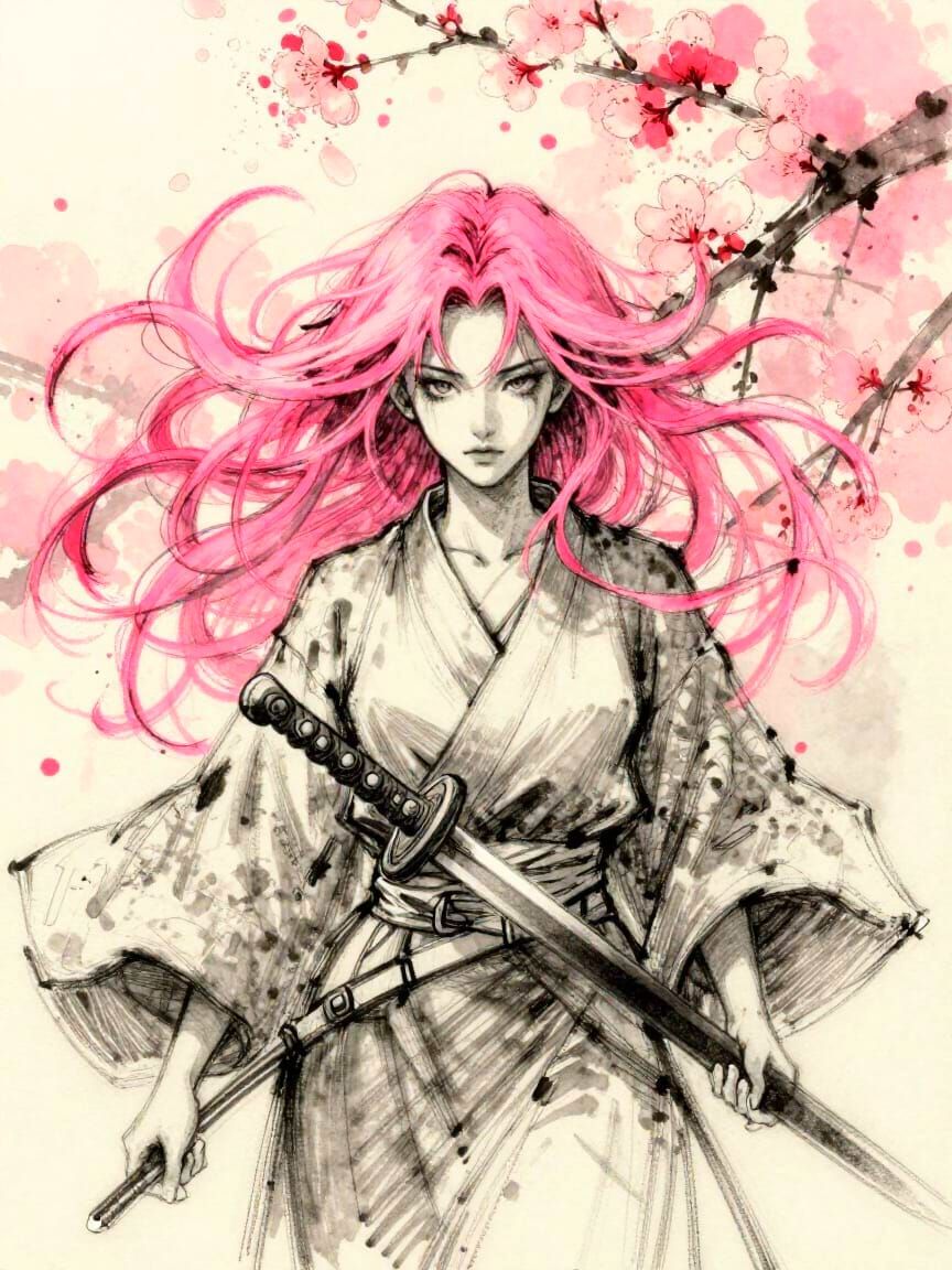 Samurai Warrior with Pink Hair and Cherry Blossoms, Charcoal...
