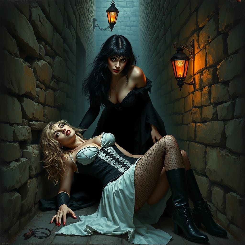Seductive Vampire in Gothic Alleyway, Dark Fantasy Art