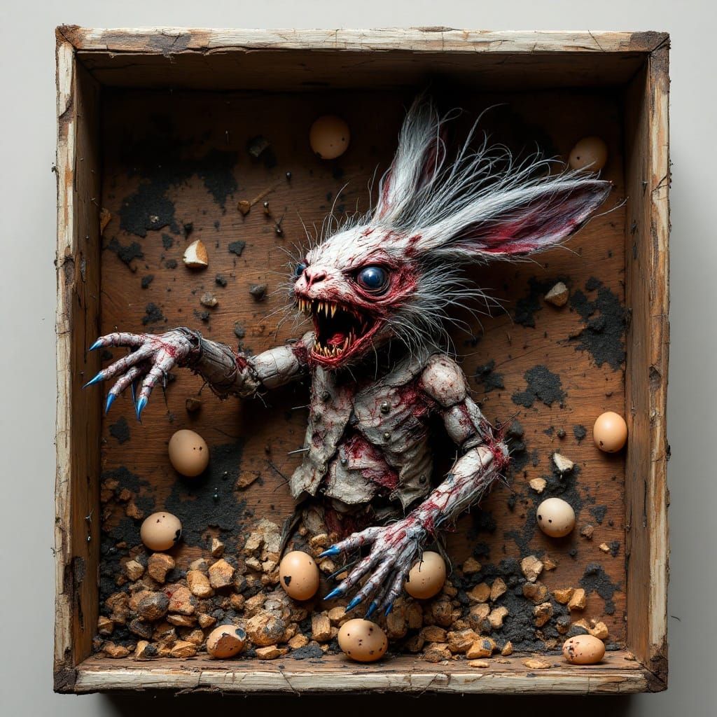 Distressed Meat Rabbit Puppet in Pain Box