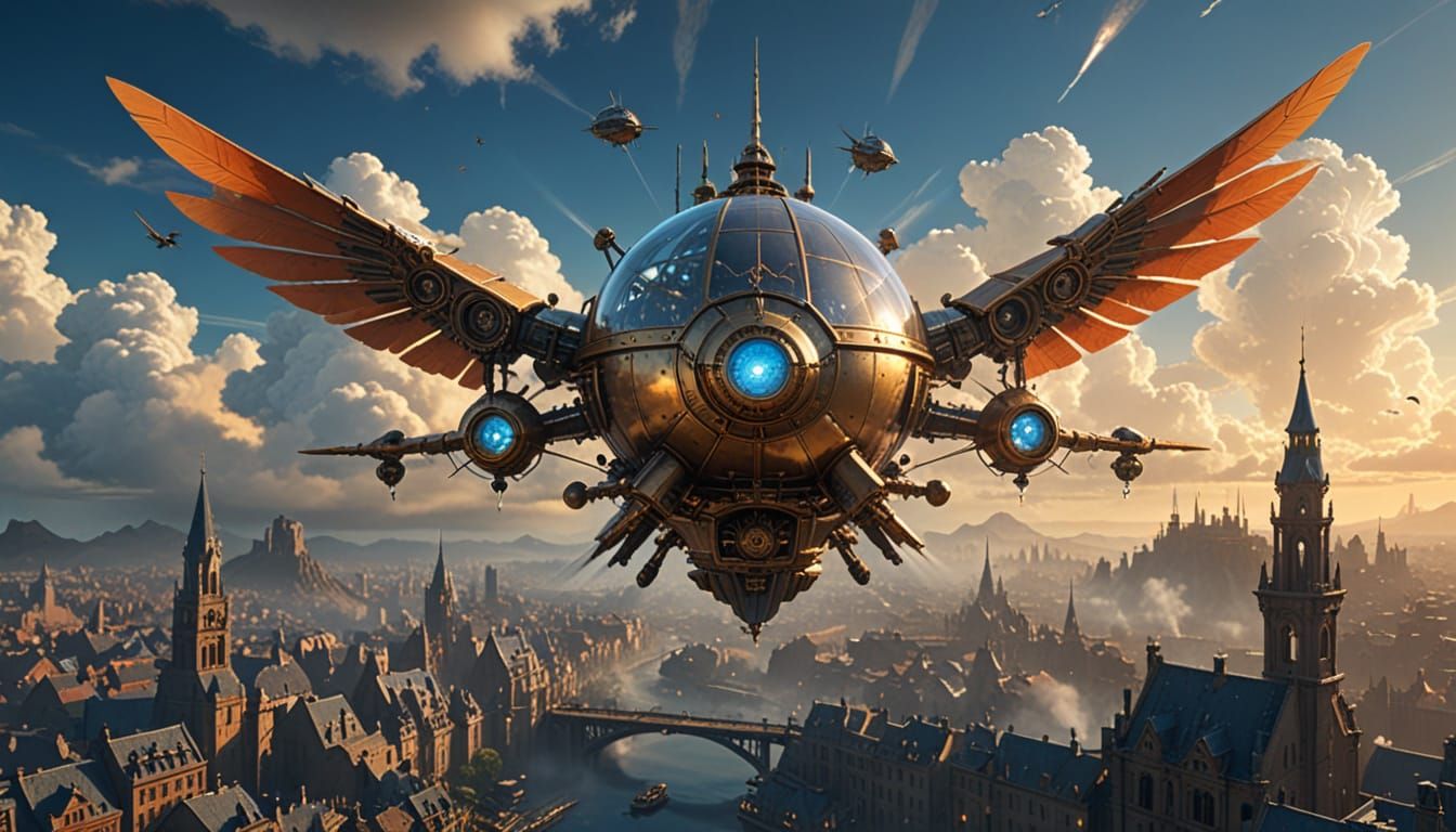 Steampunk Contraption Soars Over Cyberpunk Cityscape