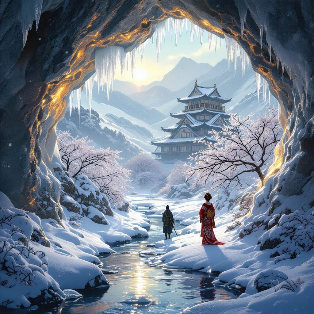 Geode Reveals Japanese Winter Landscape with Castle and Geis...