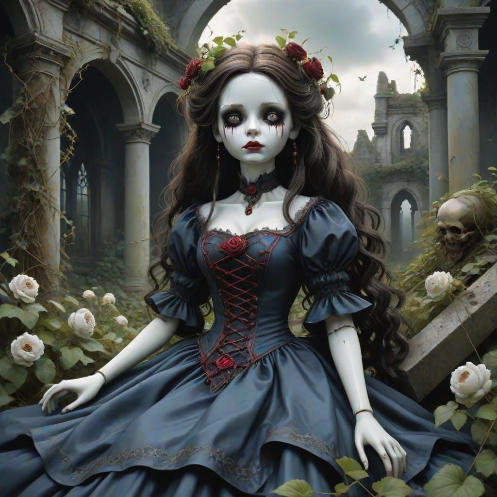 A porcelain doll lying discarded amidst the overgrown ruins ...