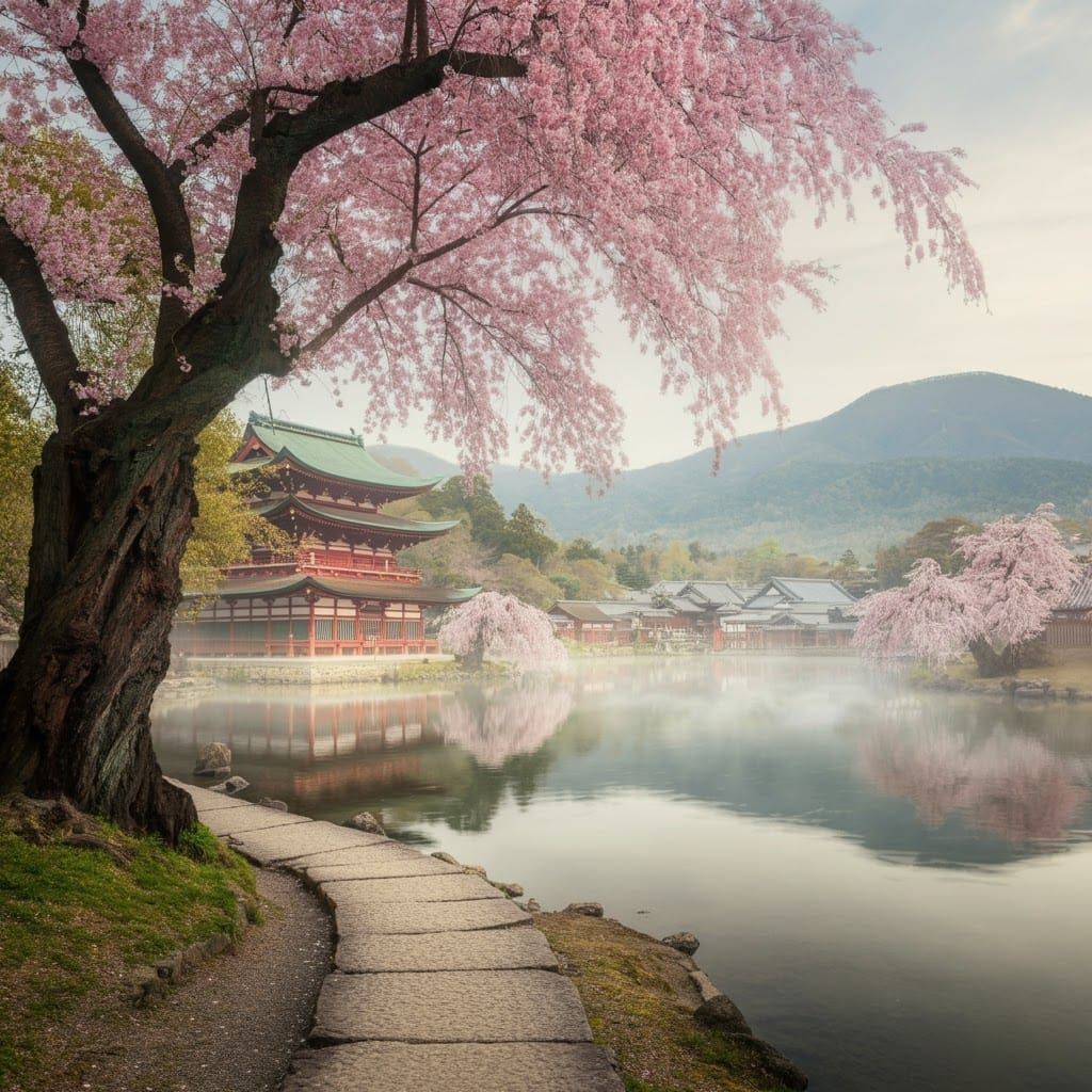 Ancient Sakura Tree in Hiroshige Style Landscape