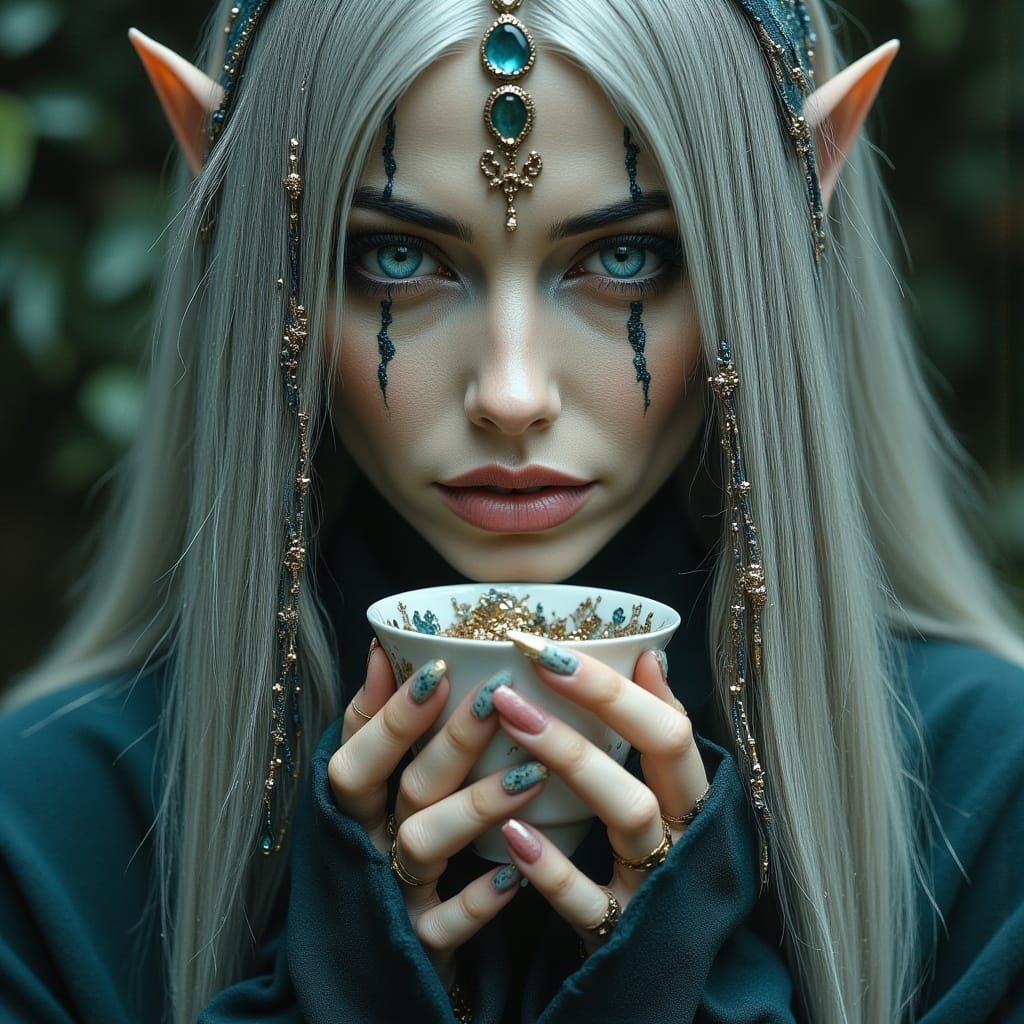Mystical Woman with Piercing Eyes and Tea Cup