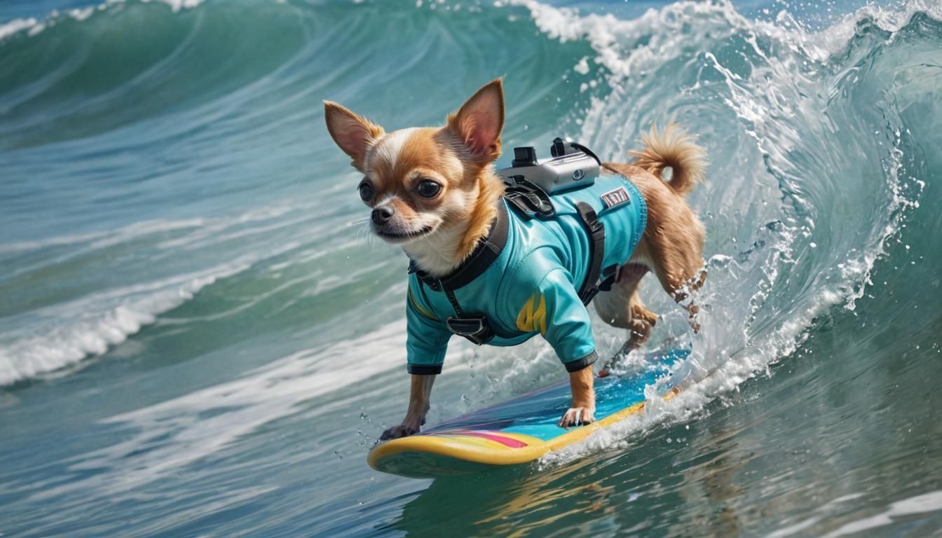 Chihuahua Surfer in Scuba Suit: Hyperrealistic Digital Art