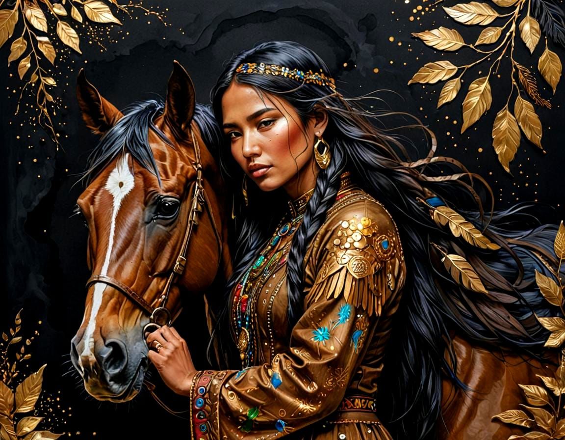 Native American Woman and Horse in Mixed Media Collage