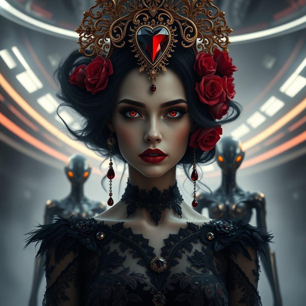 Vampiress Queen with Golden Headdress in Dark Fantasy Style