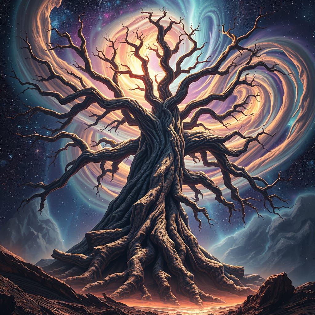 Cosmic Tree in Starry Abyss, Epic Fantasy Concept Art