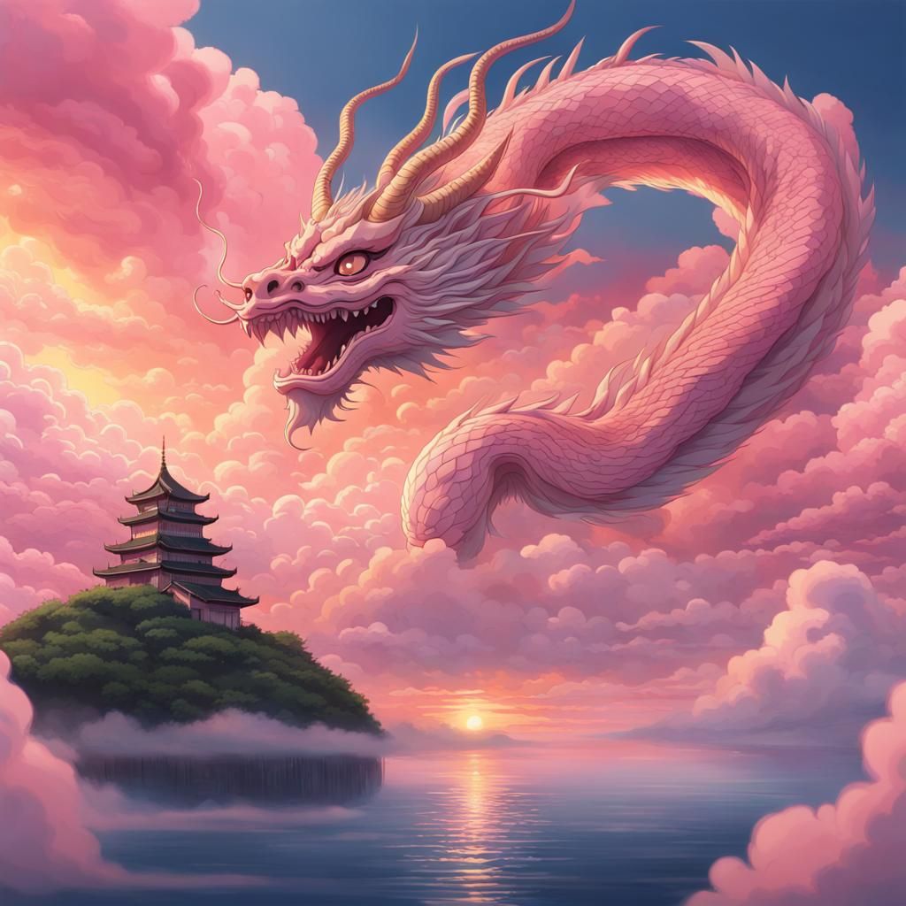 Chinese Dragon Swimming Through Pink Sunset Clouds