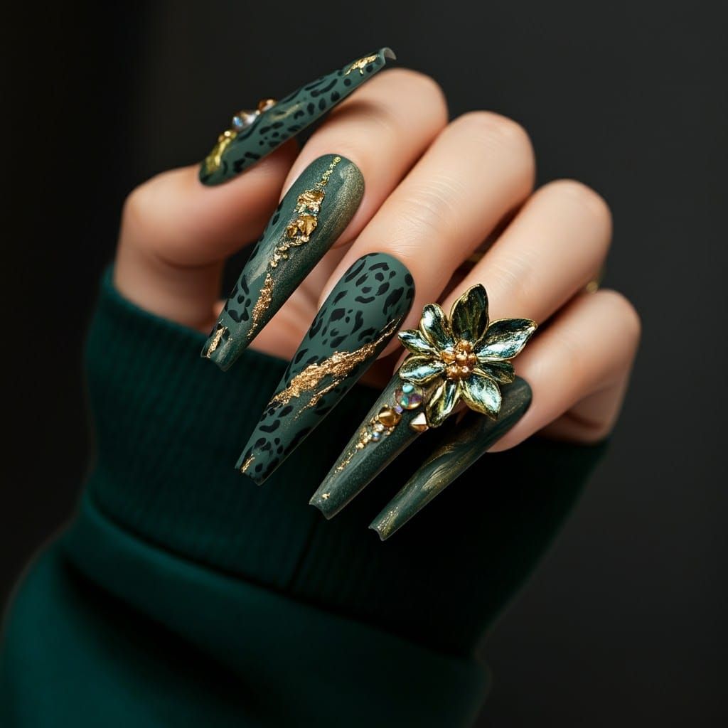 Vibrant Cheetah Nail Art with 3D Floral Details