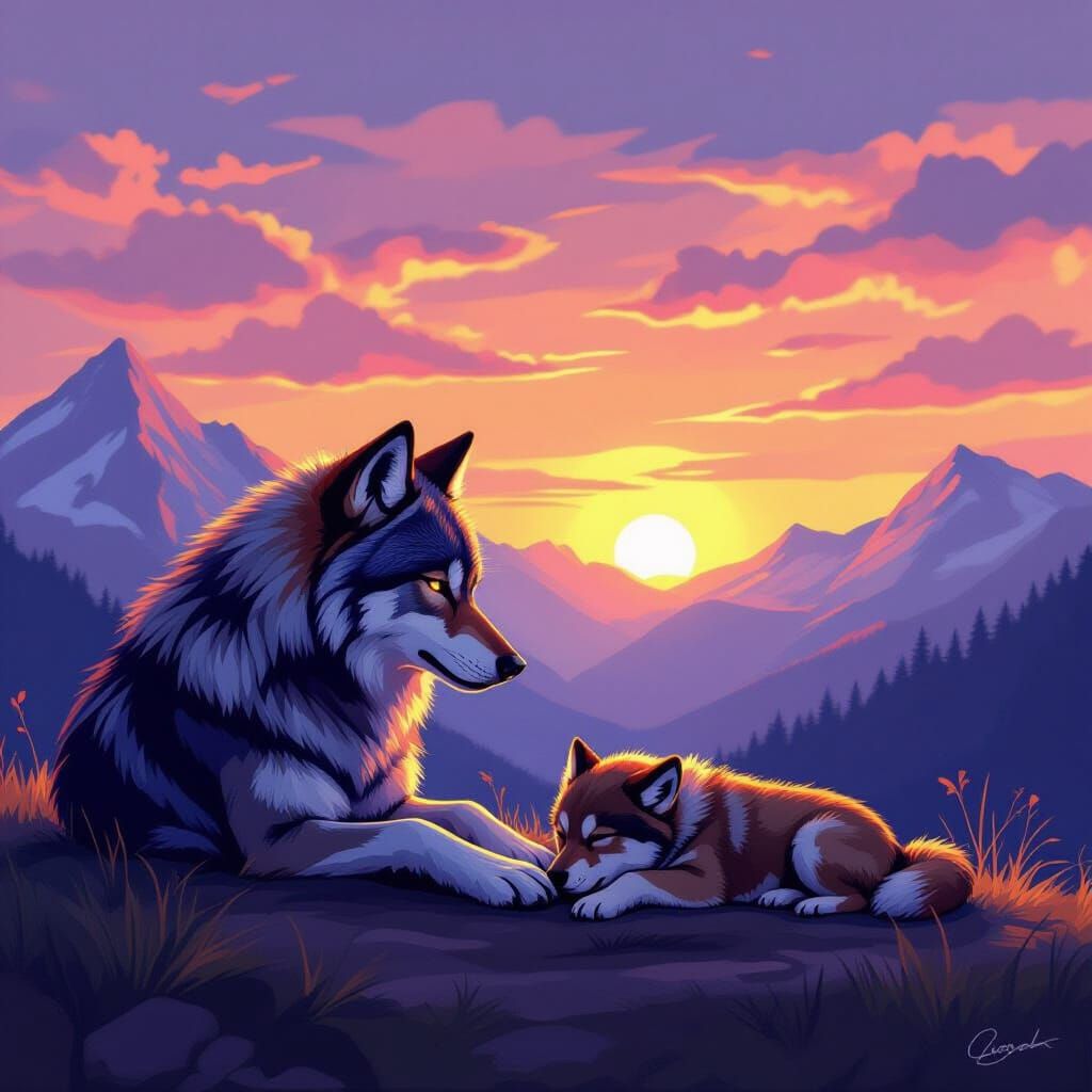 Wolf Family Sunset: A Tender Farewell