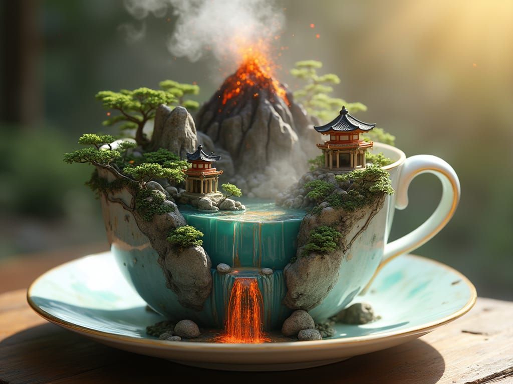 Porcelain Teacup with Miniature Fantastical Landscape in Zen...