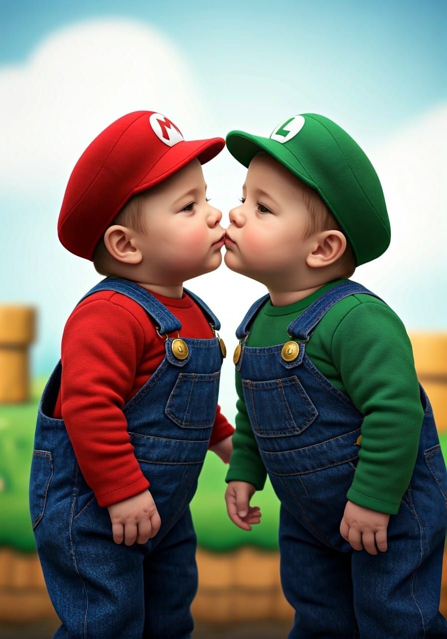 Chubby Babies Kiss in Mario Costumes amidst Whimsical Fantas...
