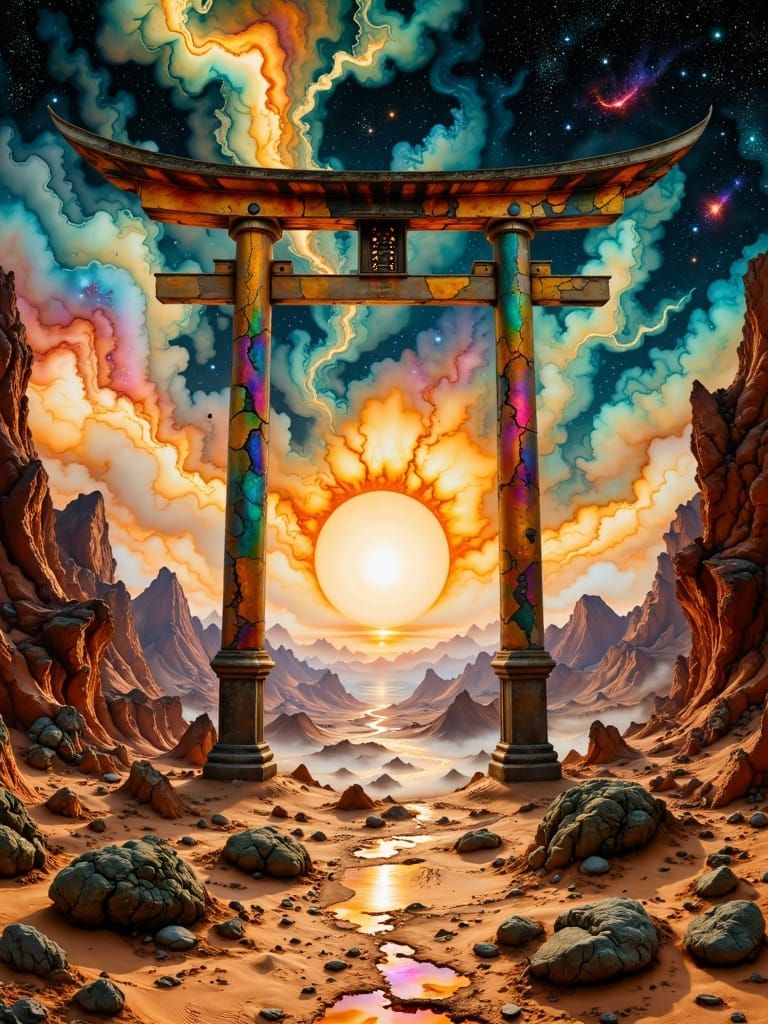 Torii Gate on Alien Planet Under Nebula Sky