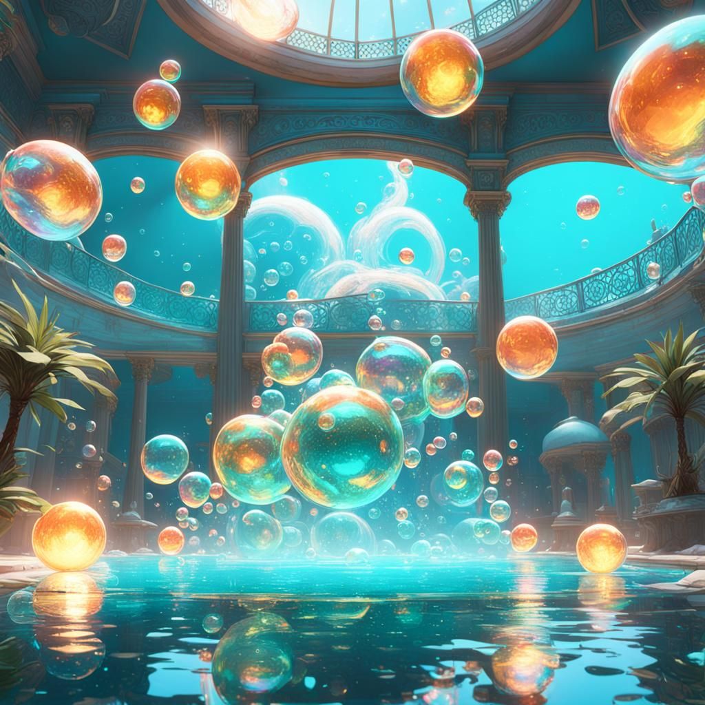 Glowing Iridescent Bubbles Over a Pool