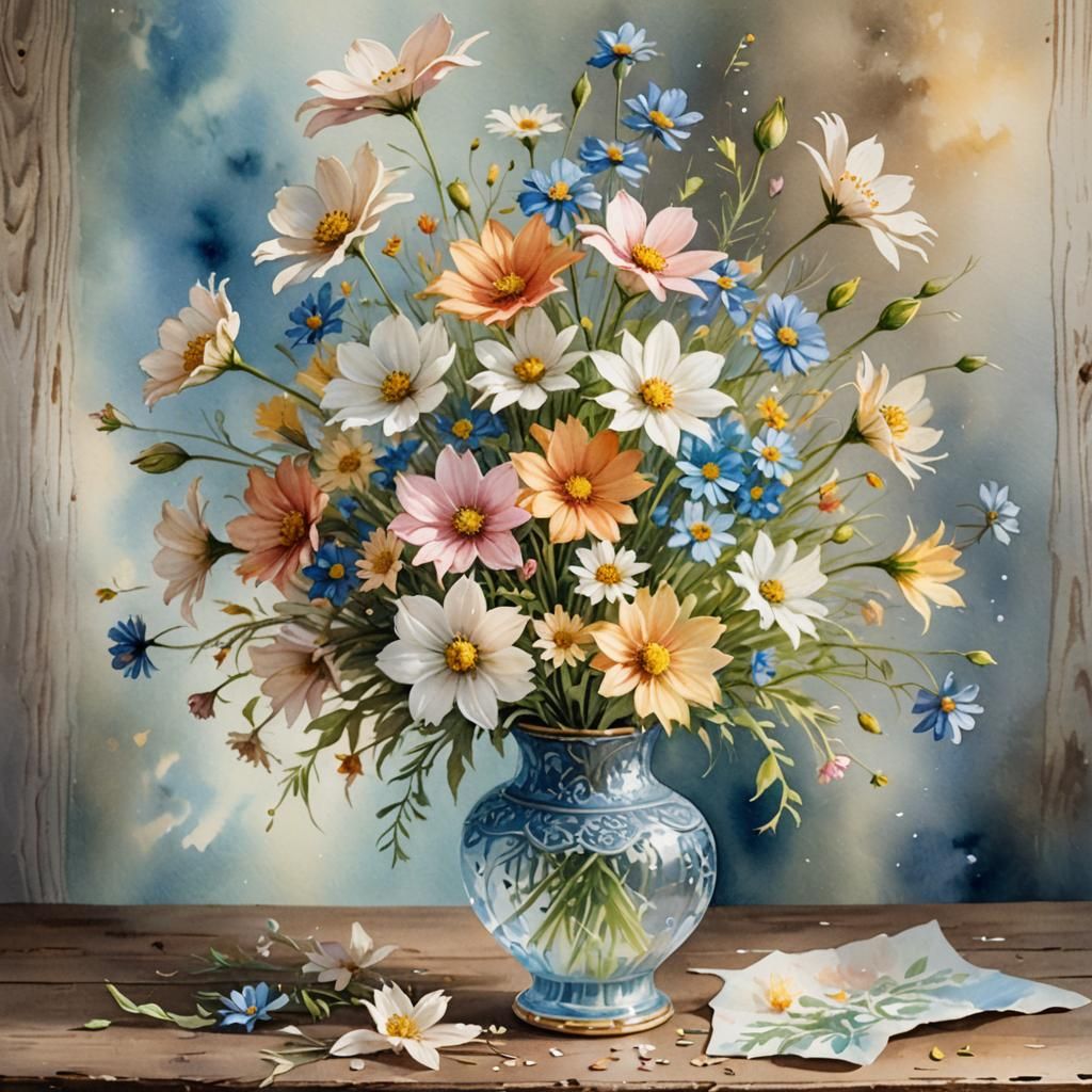 Whimsical Watercolor Cosmos and Lily Bouquet