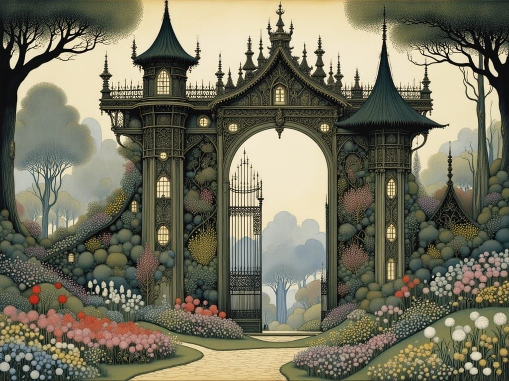 Whimsical Garden Gate in Enchanted Evening Haze