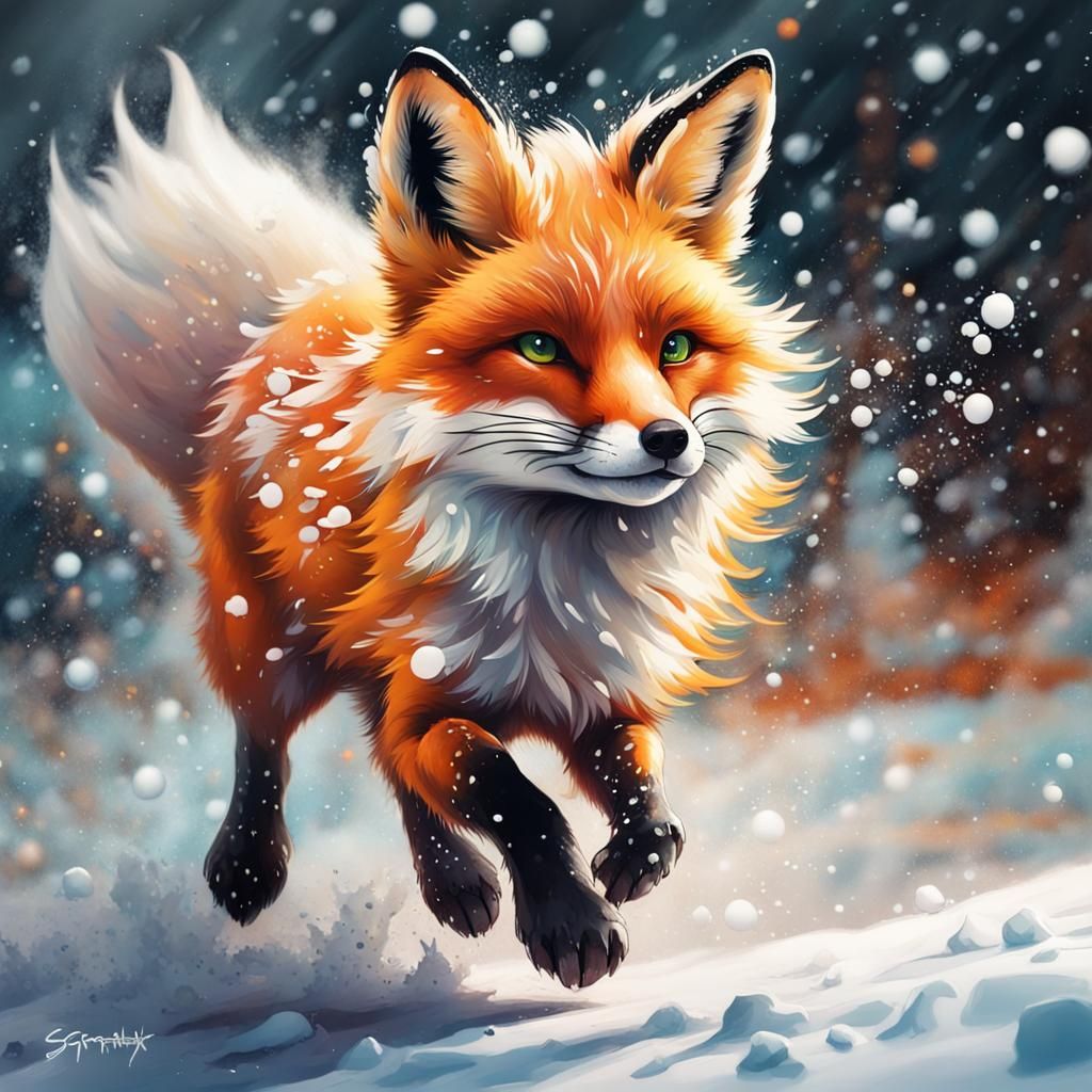 Fluffy Fox Runs in Colorful Graffiti Snowscape