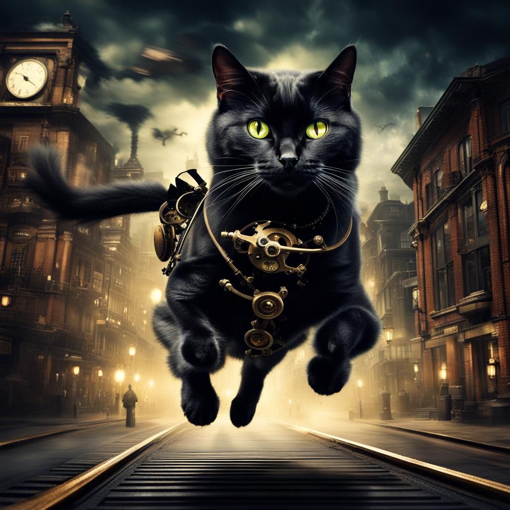 Steampunk Black Cat Leaping in Dark City