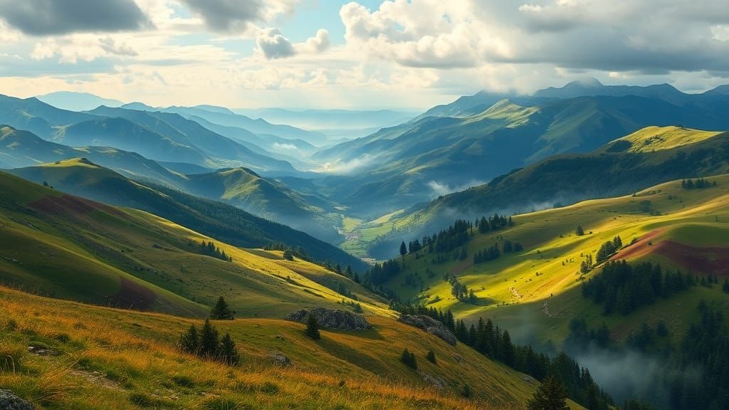 Vibrant Landscape Painting with Rolling Hills and Mountains