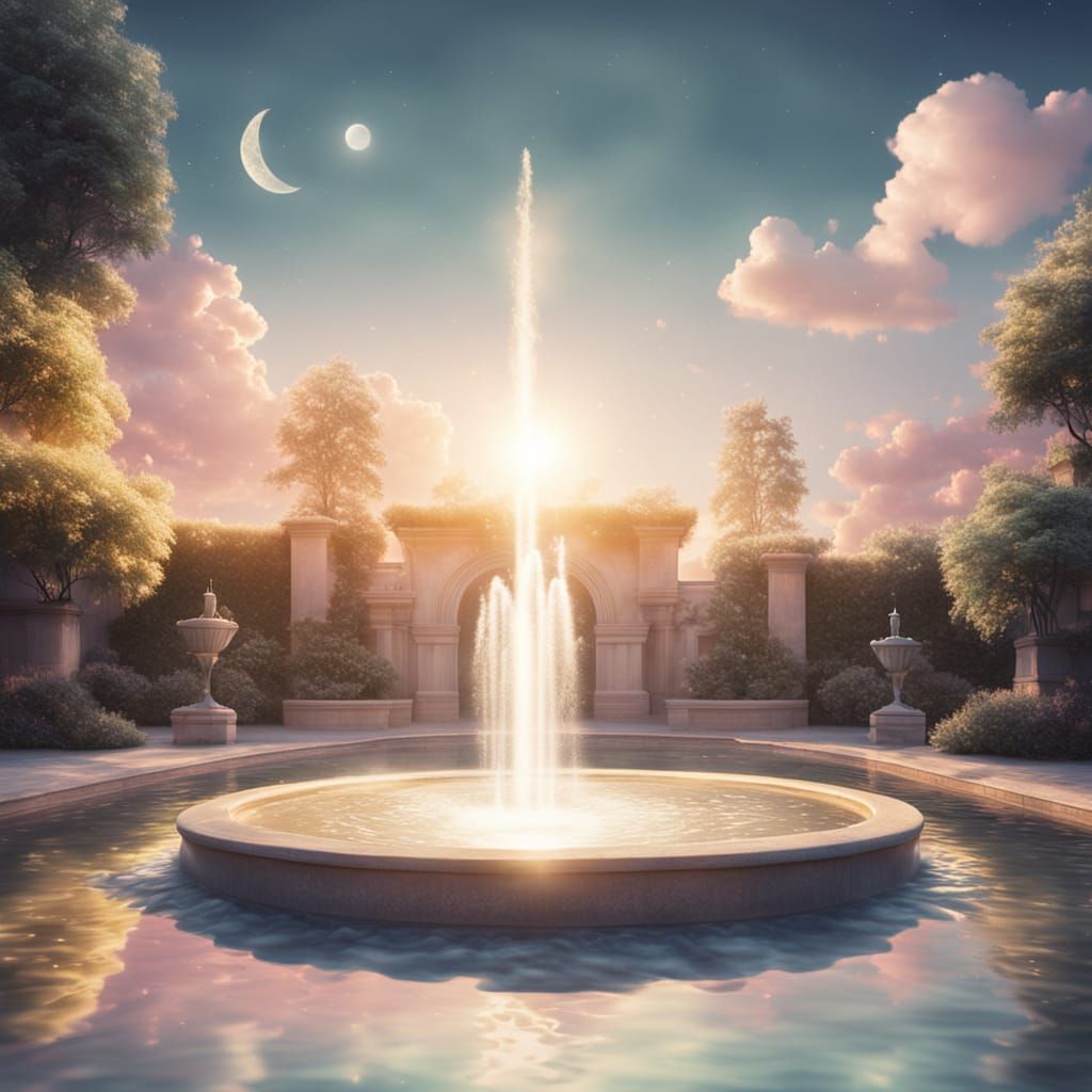 Glowing Fountain in Moonlit Courtyard: Surreal Dreamscape