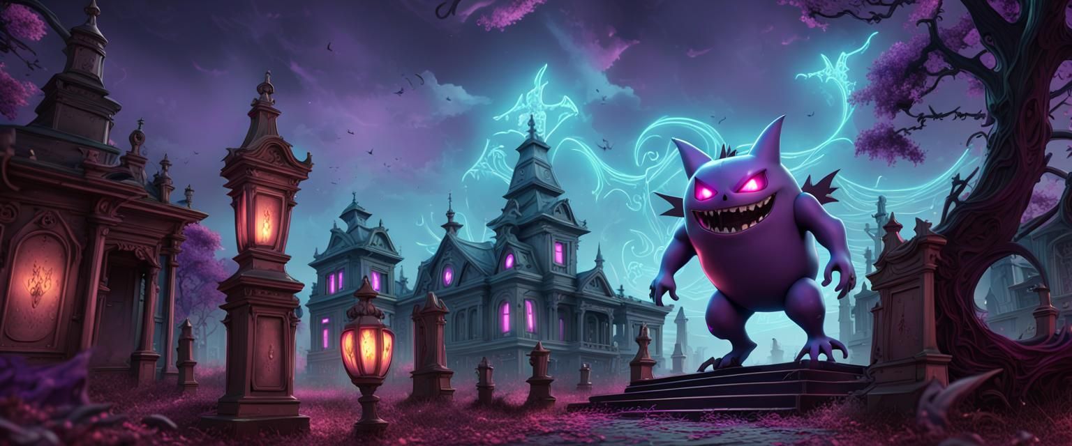 Phantom Gengar in Neon Haunted Graveyard Art