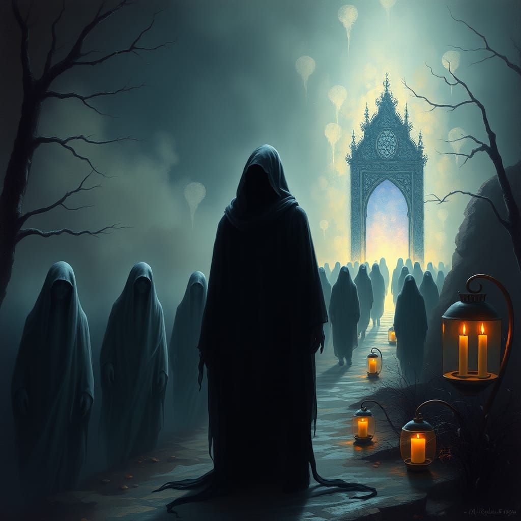 A solemn, hooded figure of the Reaper, draped in tattered, b...