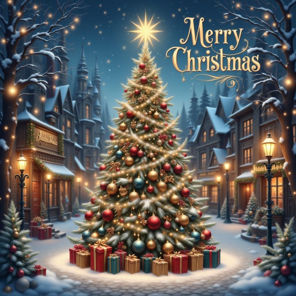 Merry Christmas Town Square with Magical Tree