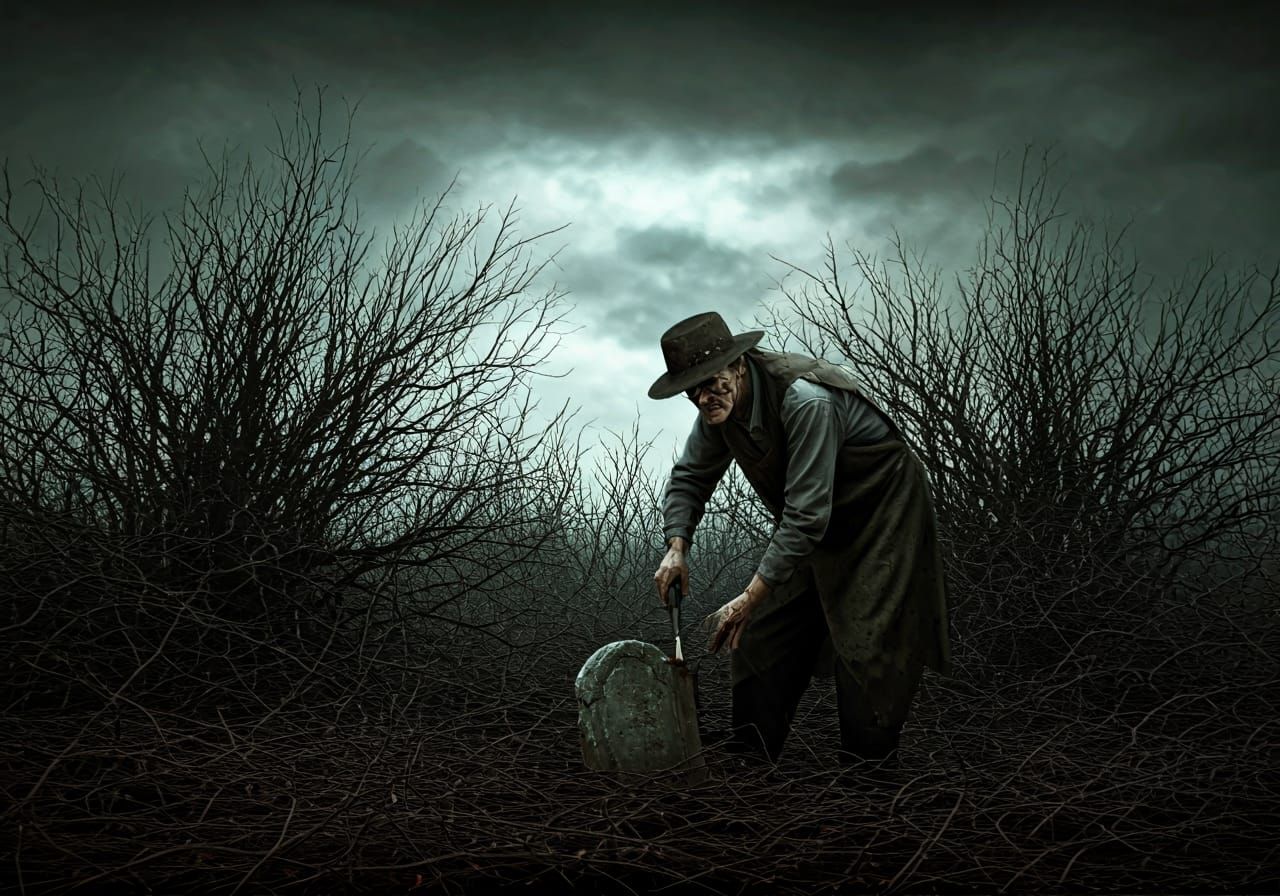 Ominous Gardener in Neglected Gothic Garden