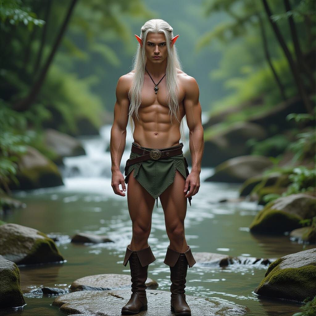 Muted Elf Warrior on Stone Path by Stream