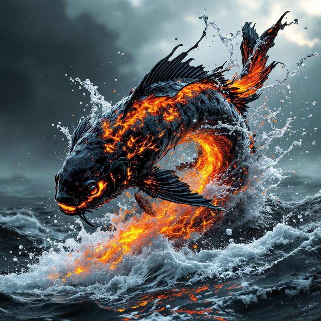 Majestic Lava Koi Leaps from the Ocean in a Fiery, Hyper-Det...