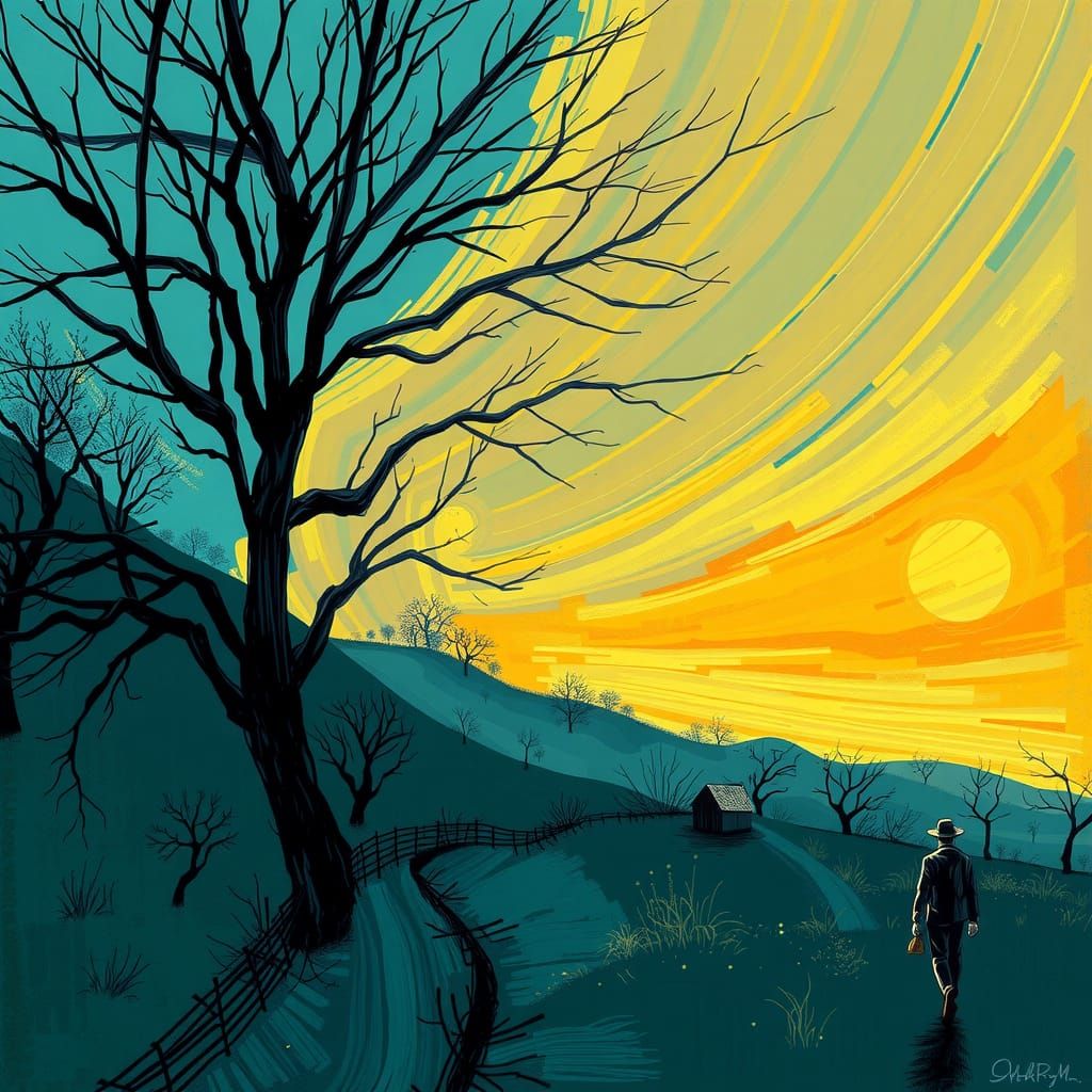 Impressionist Line Art: Lonely Man's Walk Home