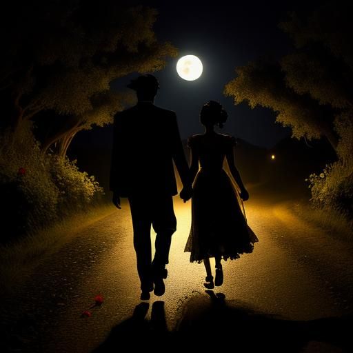 Couple Walking Under Moonlight in Village Road