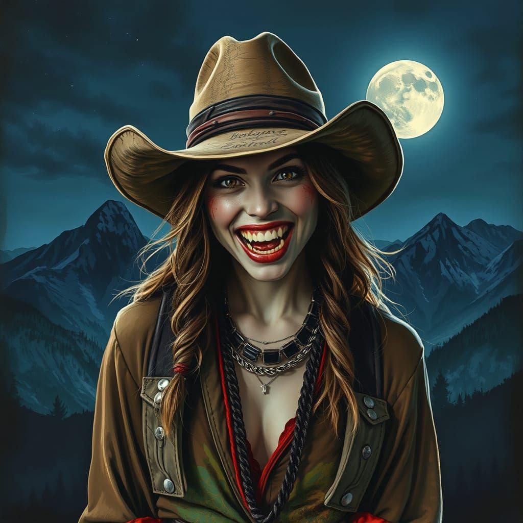Vampire Woman Under Moonlight in Gritty Alcohol Ink Style