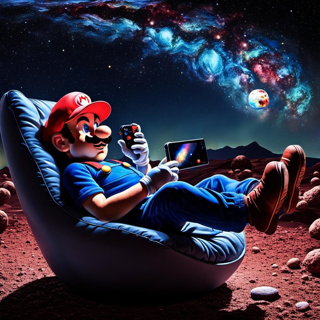 Hyperrealistic Super Mario Relaxing Under Starry Sky