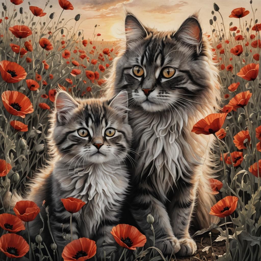 Siberian Cat and Girl in Poppy Field: Charcoal Art