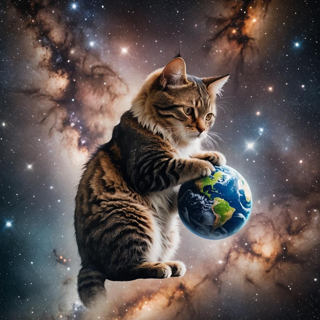 Cat Hugging Earth in Space: Professional Photography