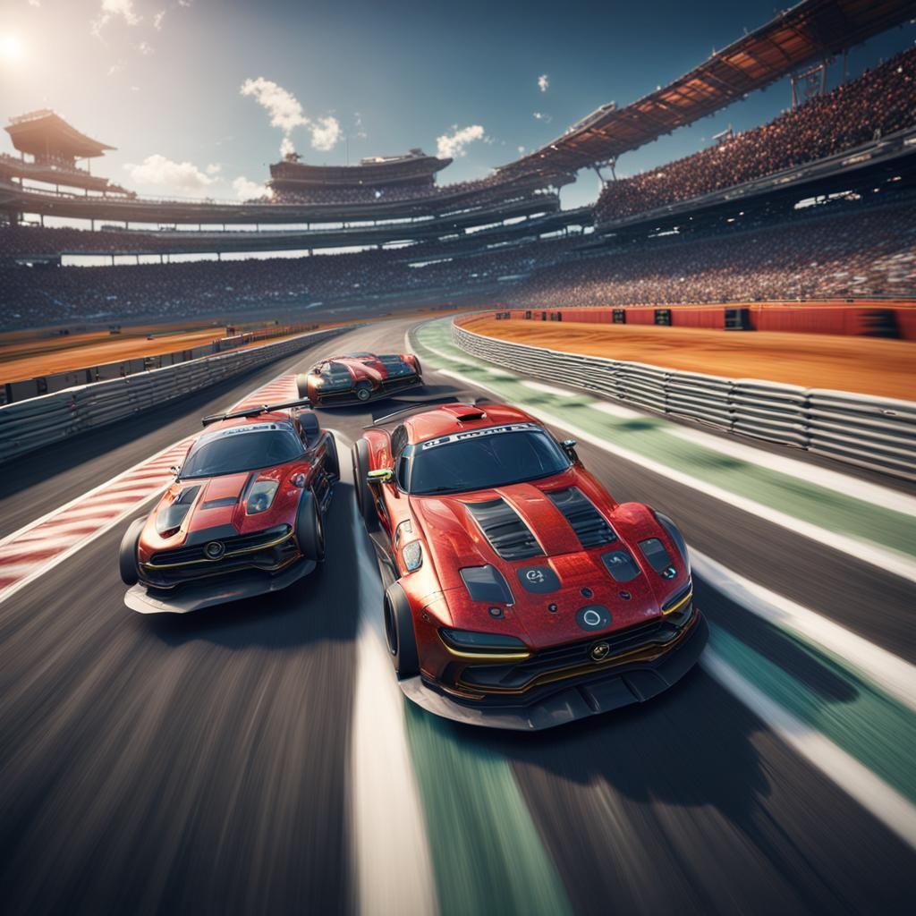 Cars Racing on Racetrack: Detailed Digital Matte Painting