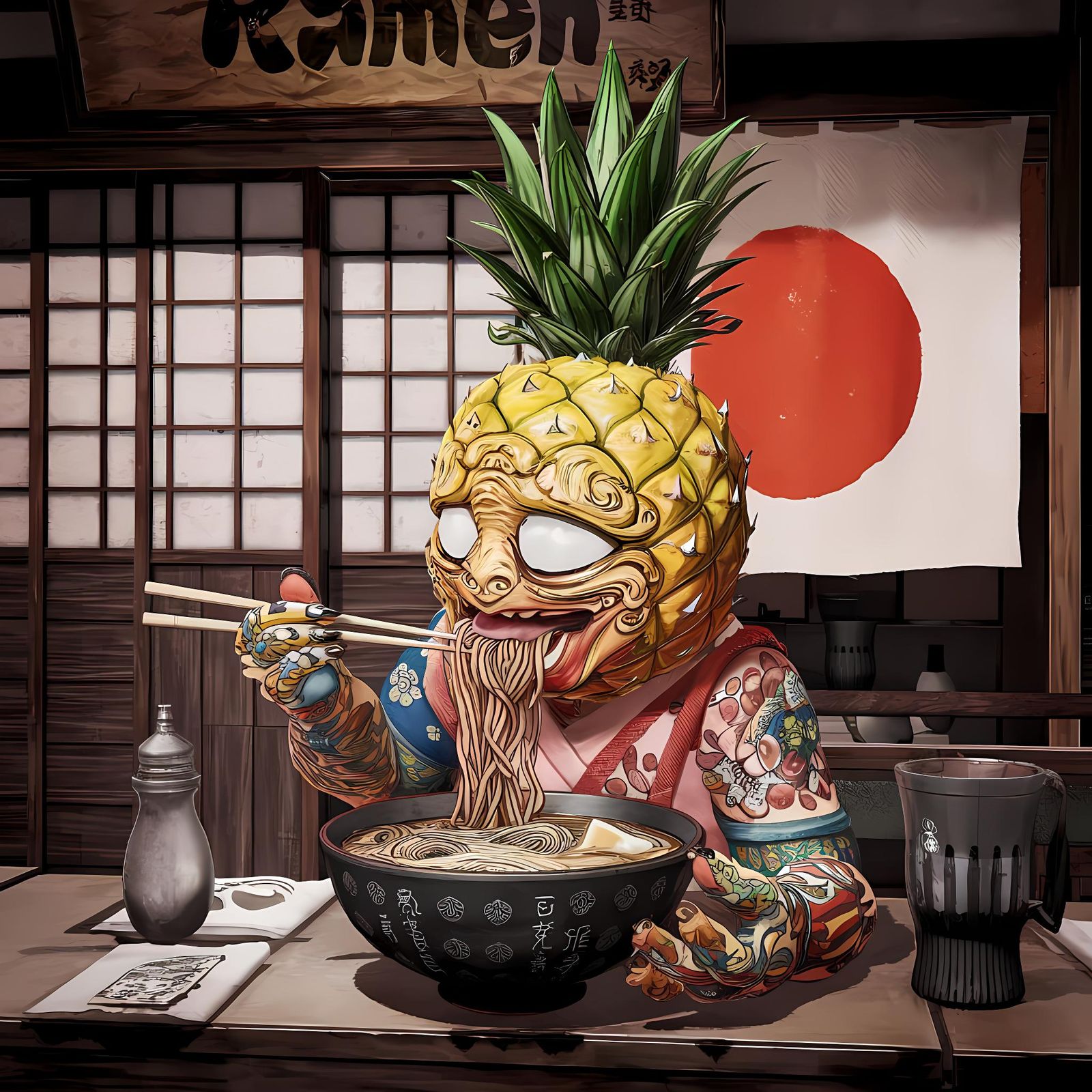 Chibi Pineapple Character Eating Ramen in Ukiyo-e Style